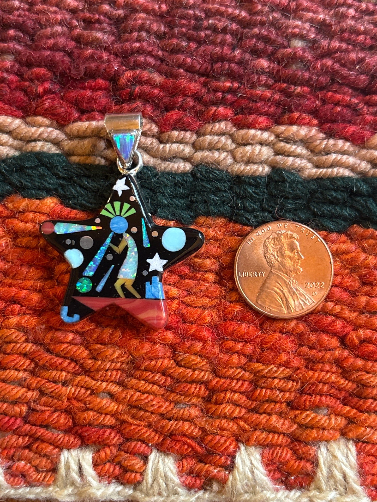 Zuni Native Kokopelli Black Onyx Opal Inlay Star Pendant