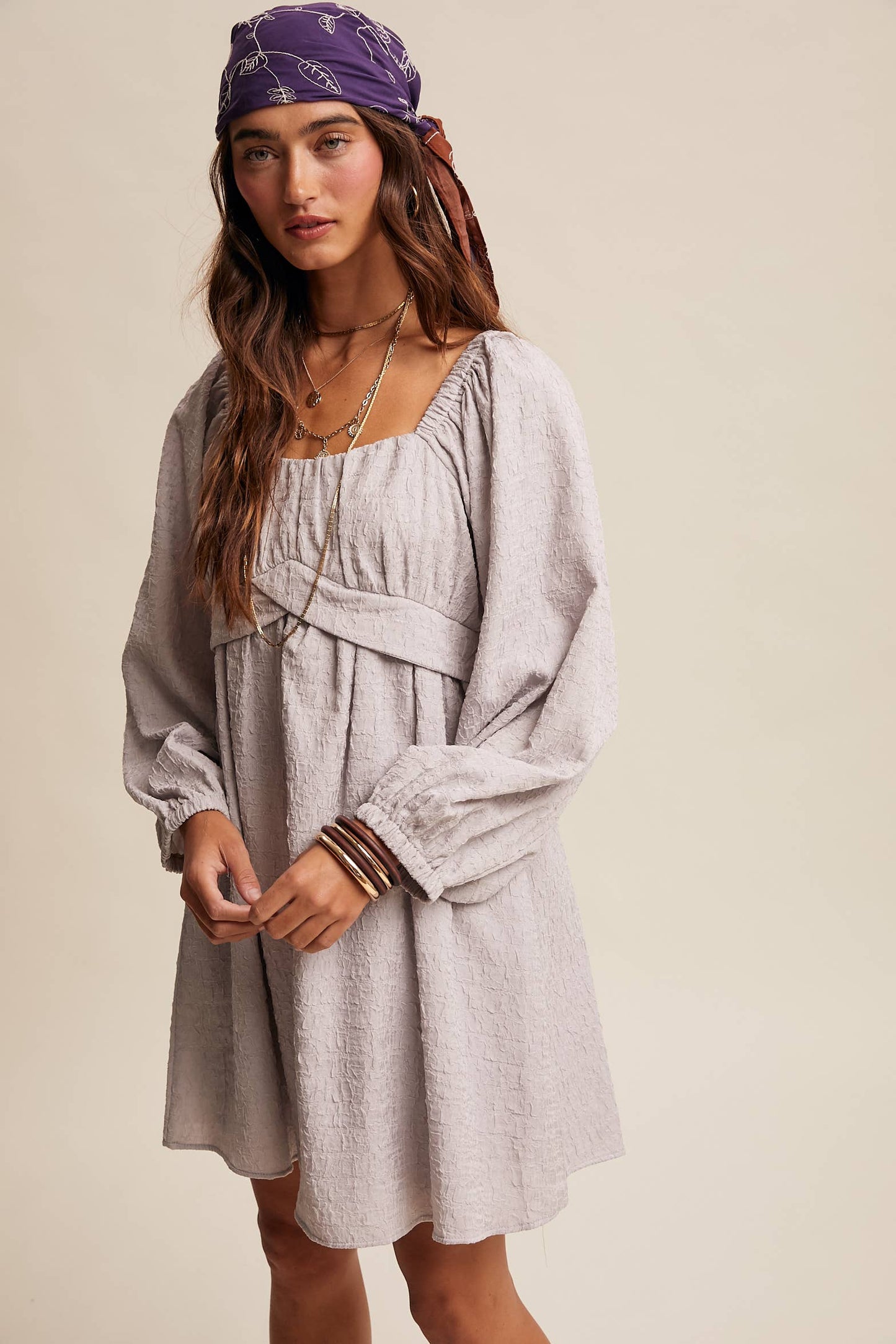Textured Square Neck Babydoll Mini Dress