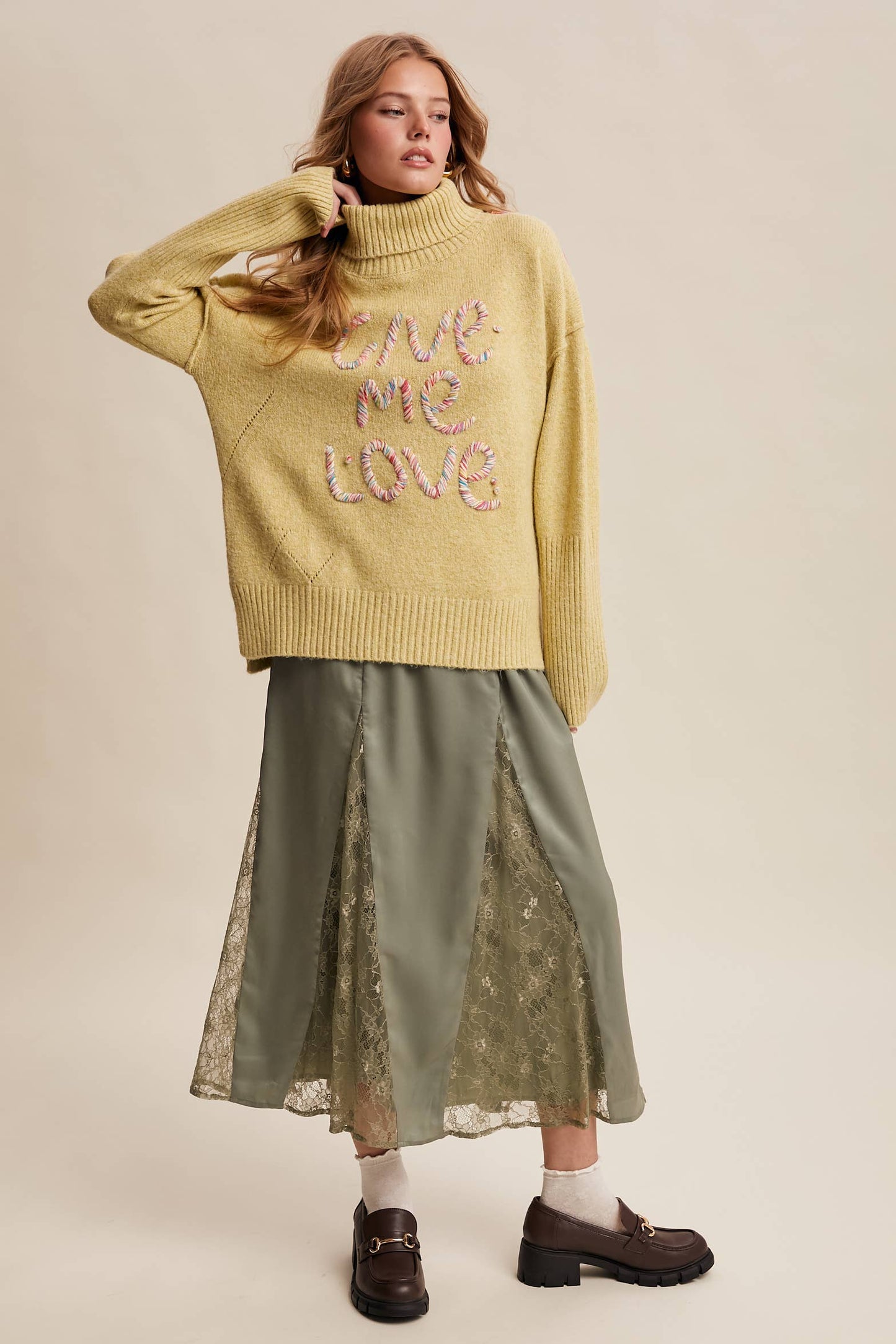 Give Me Love Embroidered Turtleneck Sweater