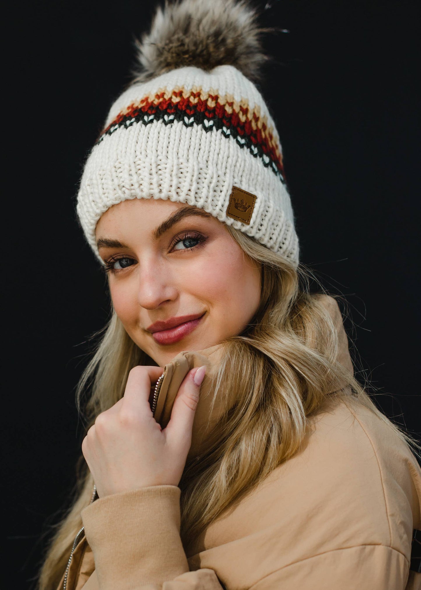 Cream, Mustard, Rust & Olive Patterned Pom Hat