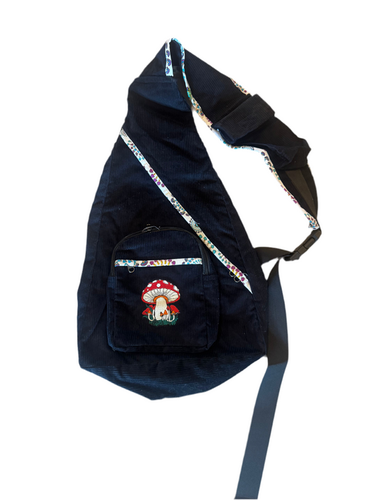 Mushroom Embroidered Corduroy Sling Backpack