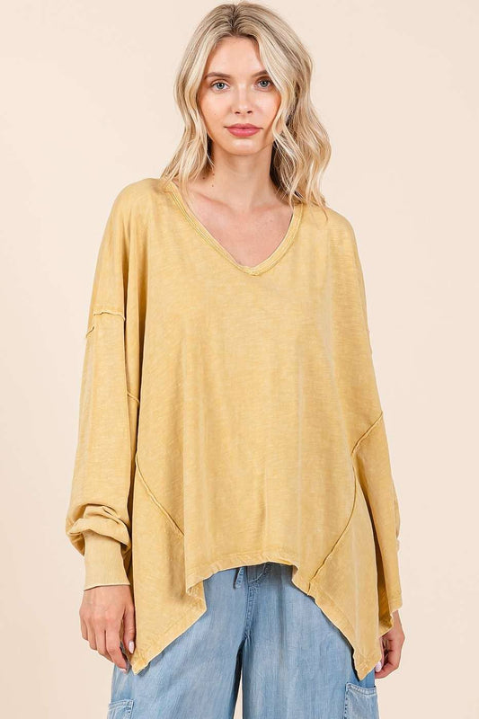 MINERAL WASH V-NECK LONG SLEEVE OVERSIZED TOP