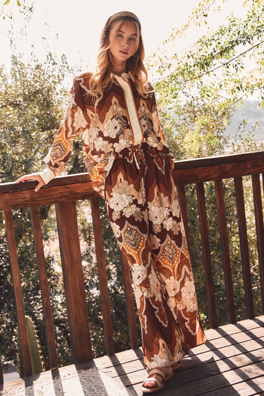 Retro Printed Wide Leg Pants - Plus