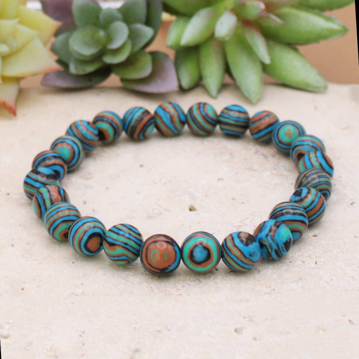 Calm Ocean Blue Striped Stone Bead Bracelet