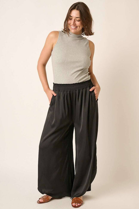 PLUS TEXTURE SATIN SMOCKED WAIST WIDE LEG PANTS