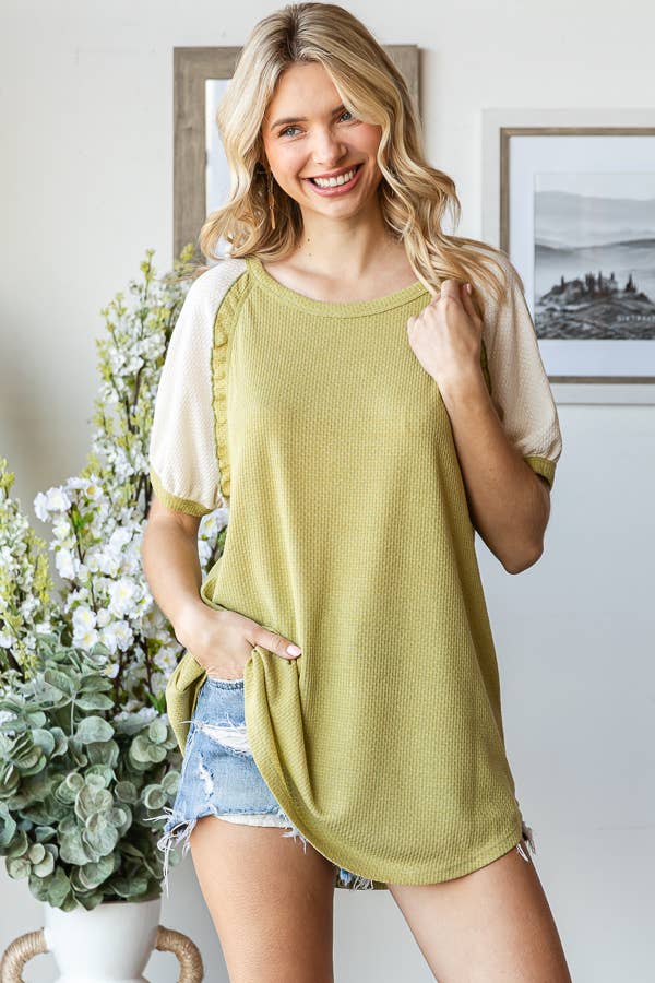Ruffle Trim Lace Contrast Raglan Short Sleeve Top
