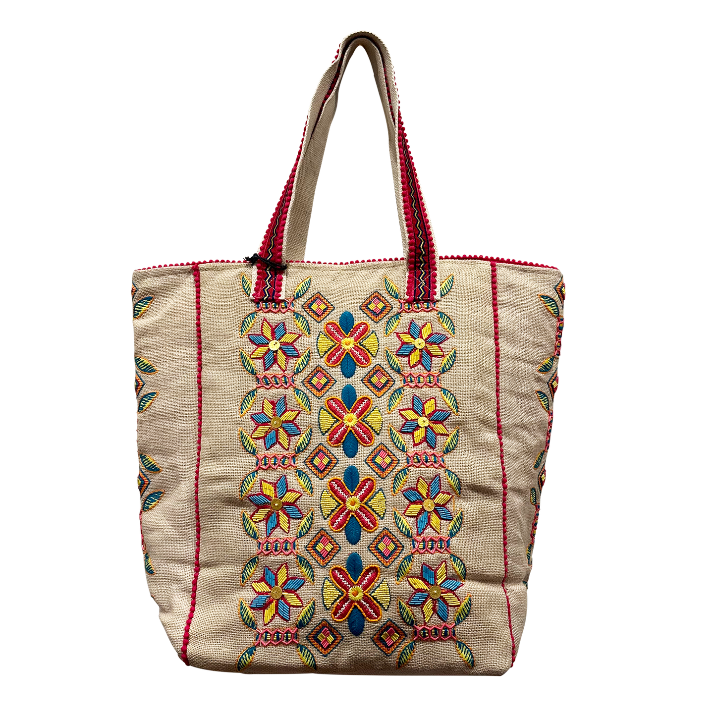 Embroidered and Beaded Flowers Pure Jute Tote Bag