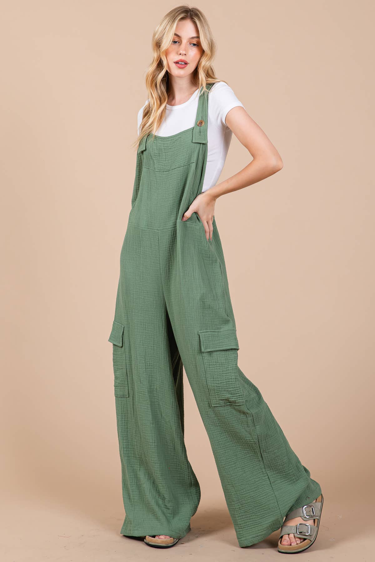 Solid Textured Wide Leg Jumpsuit