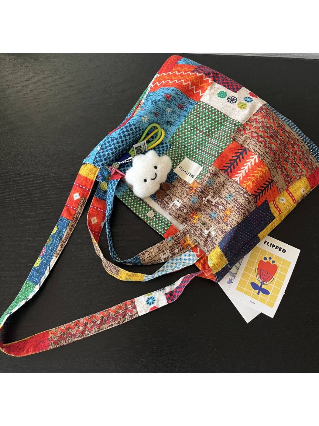 Patchwork Tote Bag With Cloud Charm
