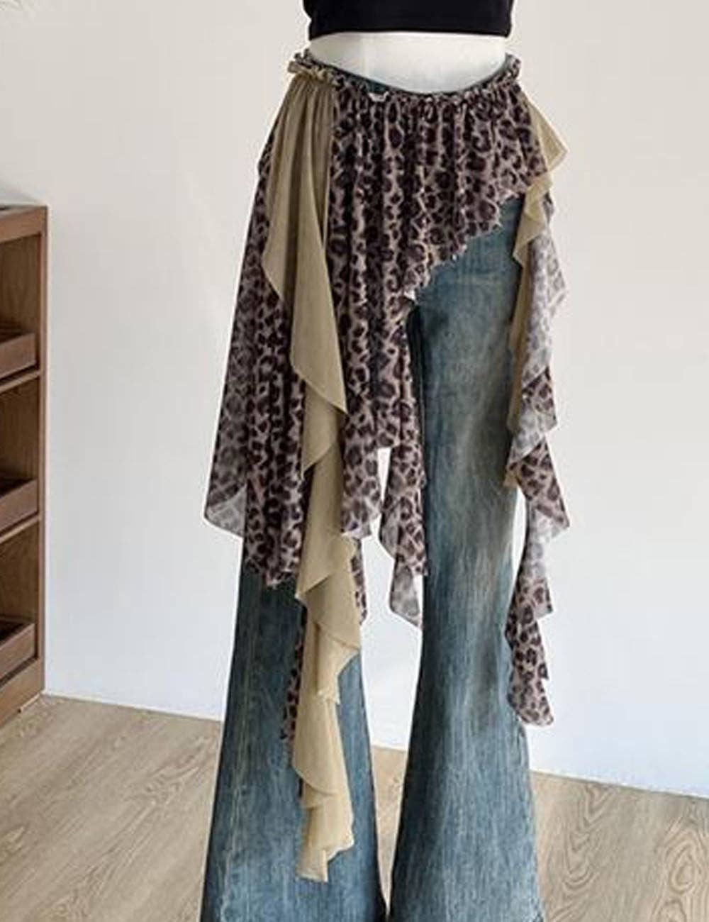 Asymmetrical Leopard Lace Splice Layered Wrap Skirt