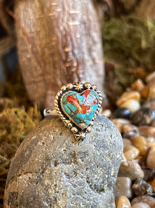 Coral Turquoise Heart Ring | Size 6.25