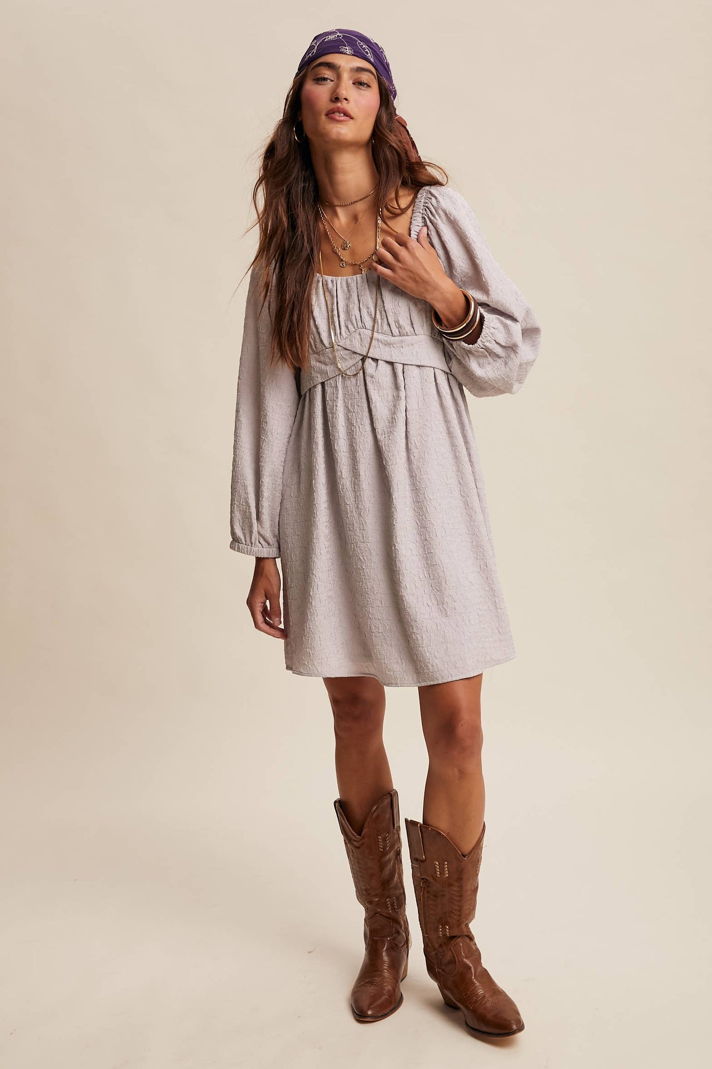 Textured Square Neck Babydoll Mini Dress
