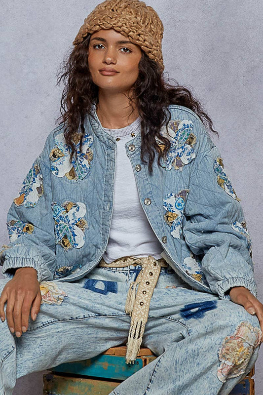 Mock neck balloon sleeve oversized fit quilted denim Jacket