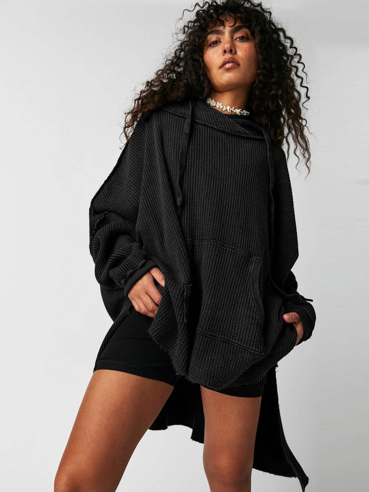 Solid Color Loose Split Hooded Sweatshirt
