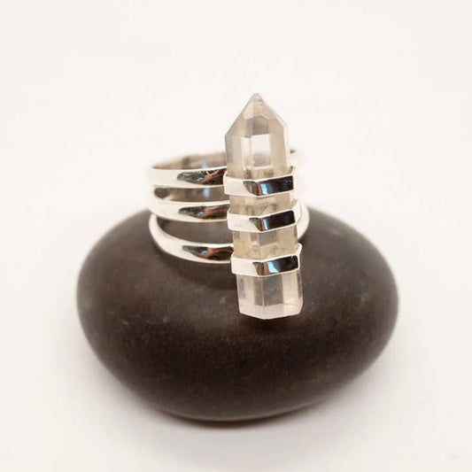 Three Silver Band Quartz Point Ring