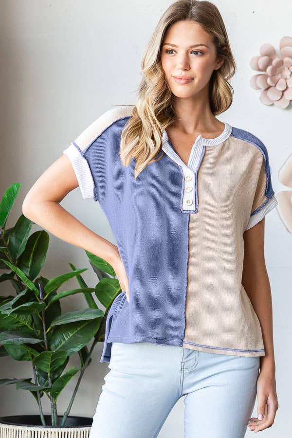 Ribbed Color Block Button Front Hi Low Short Sleeve