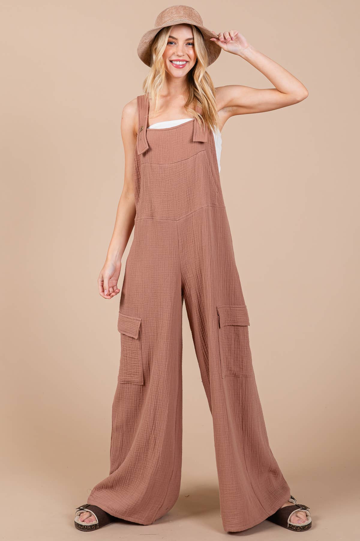 Solid Textured Wide Leg Jumpsuit