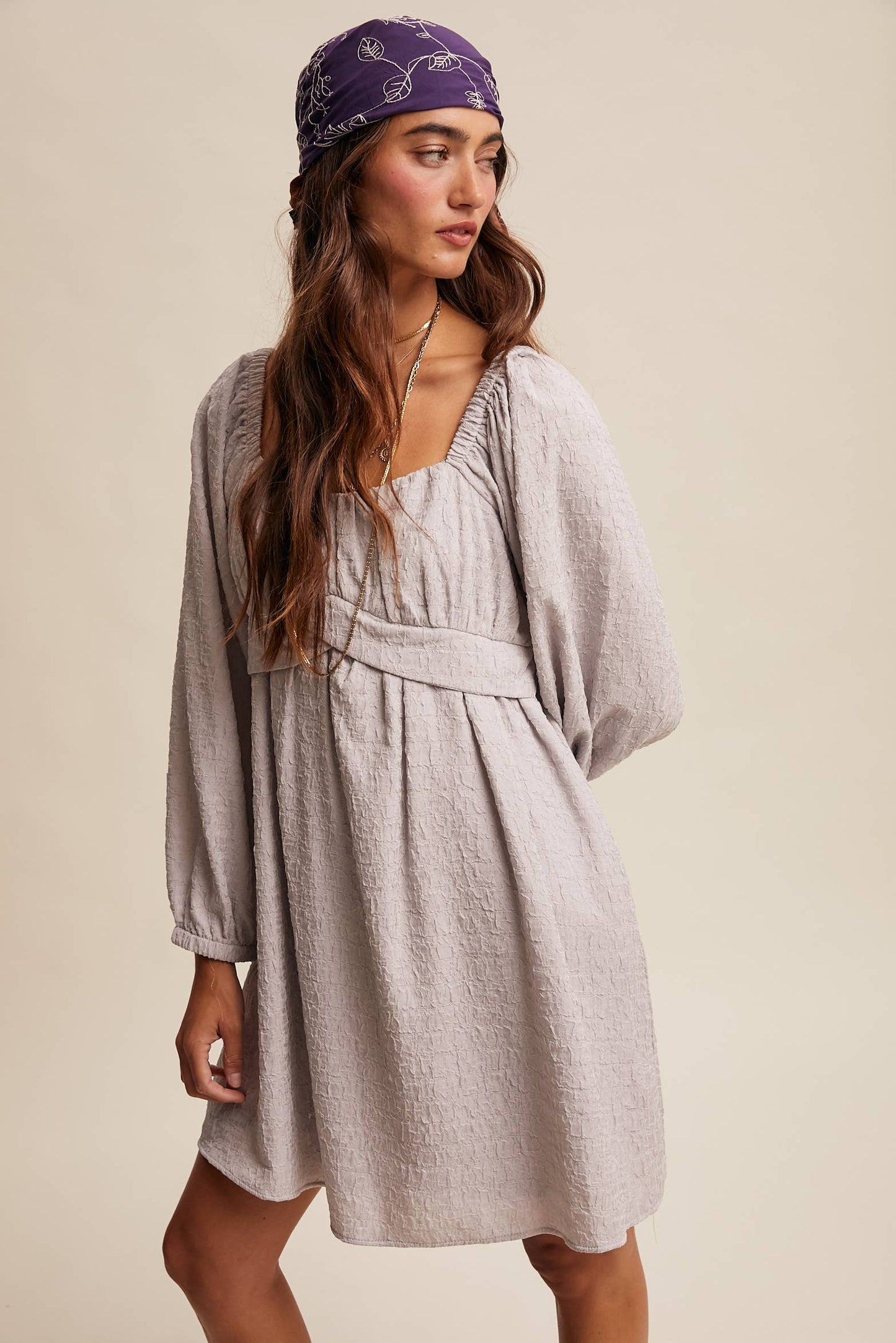 Textured Square Neck Babydoll Mini Dress