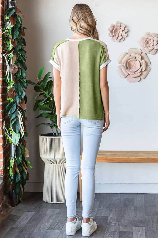 Ribbed Color Block Button Front Hi Low Short Sleeve