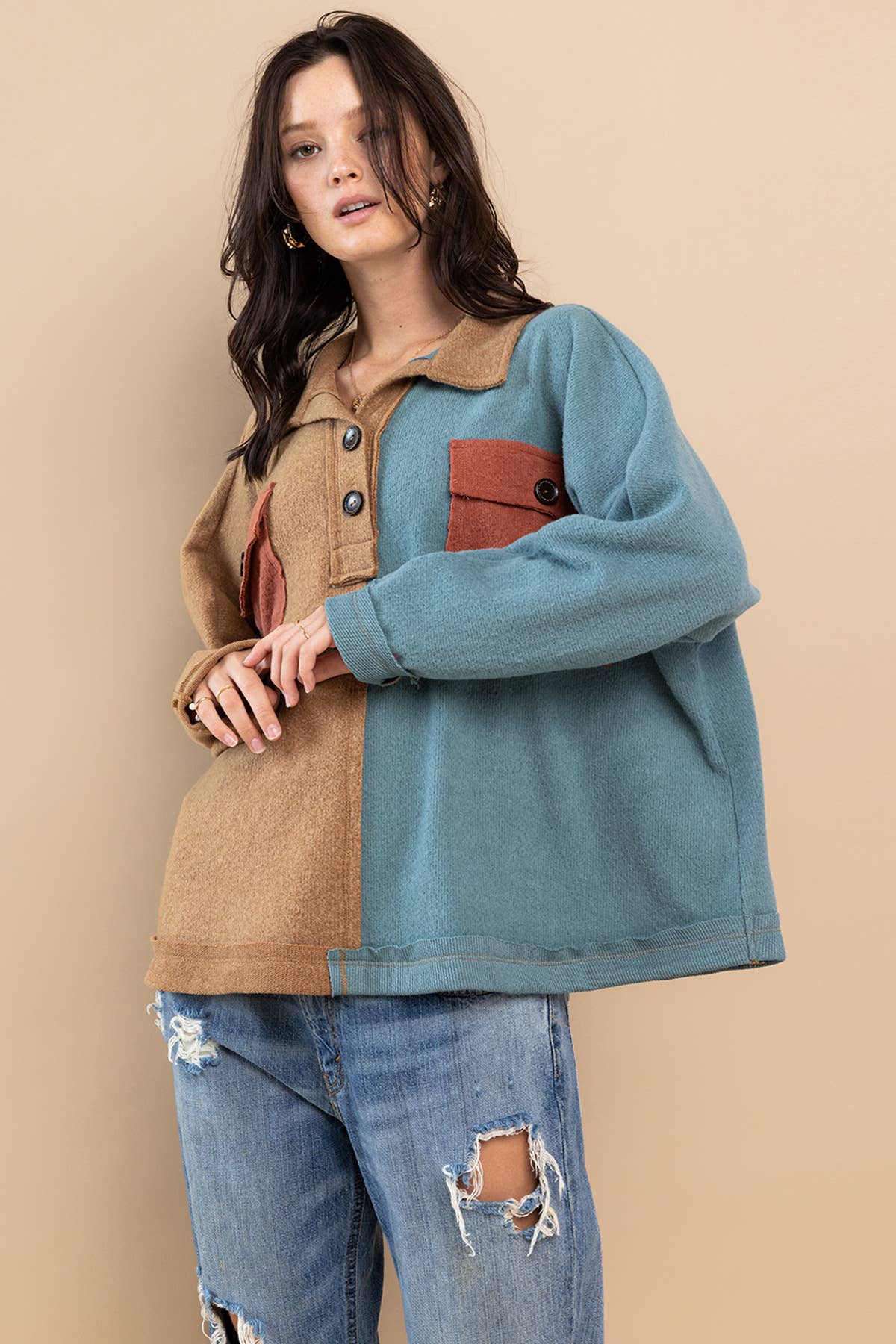 Color Block Stretch Spread Collar Neck Pullover