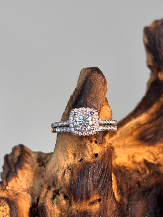 Moissanite Brilliant Center Halo with Side Stones Ring Plus Stone Band