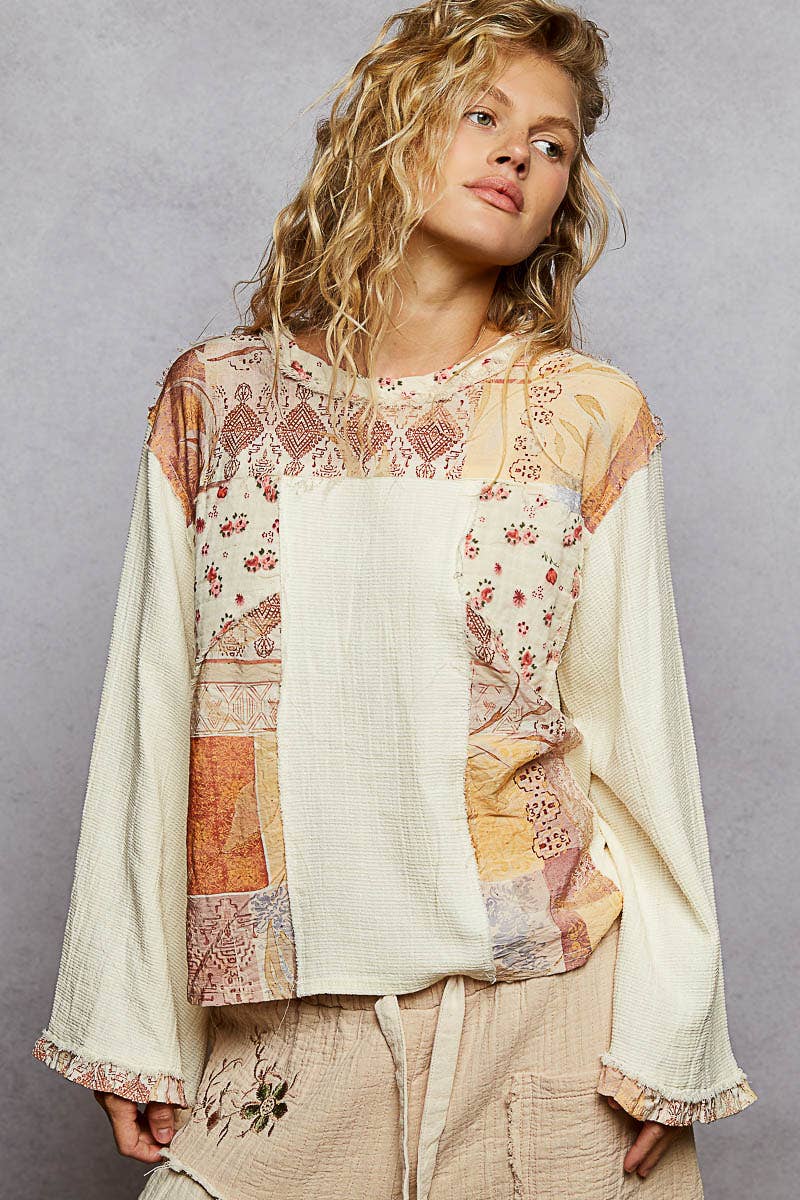 Long sleeve double gauze printed woven contrast top
