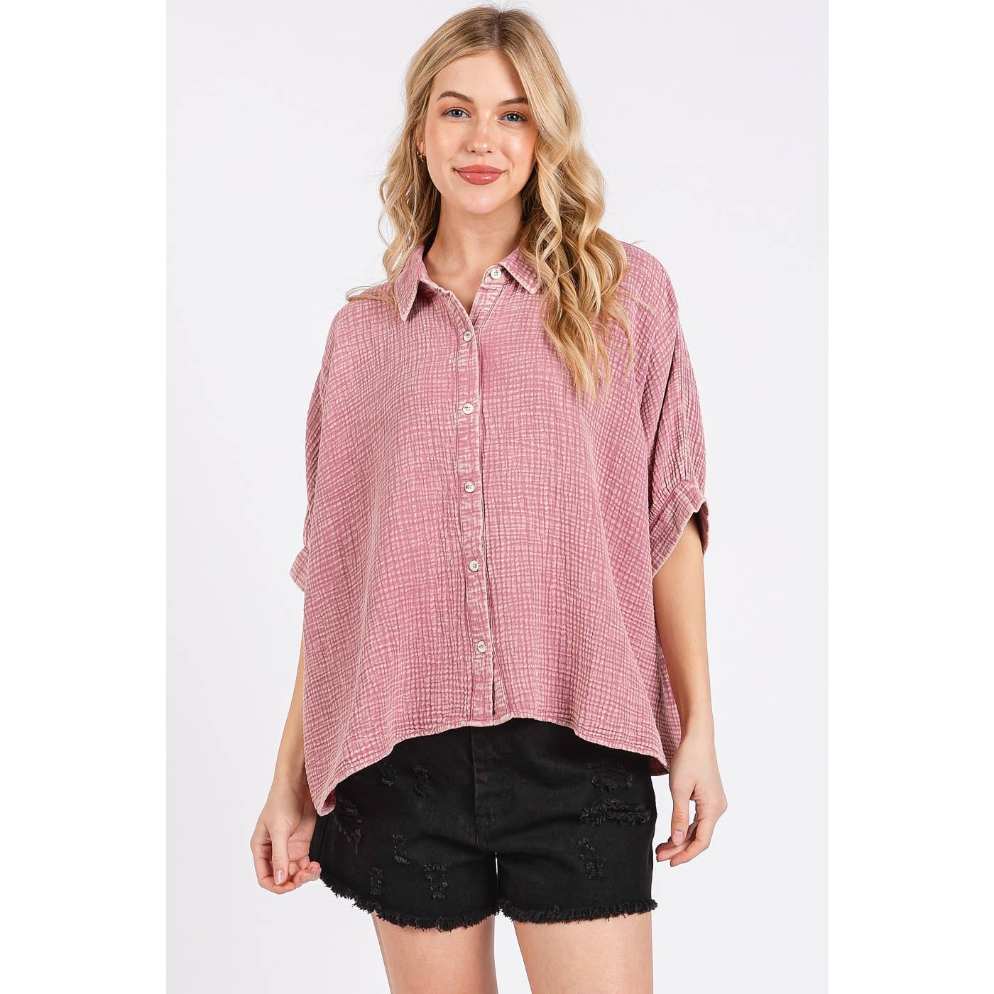 MINERAL WASH GAUZE DOLMAN SLEEVE BUTTON DOWN SHIRT