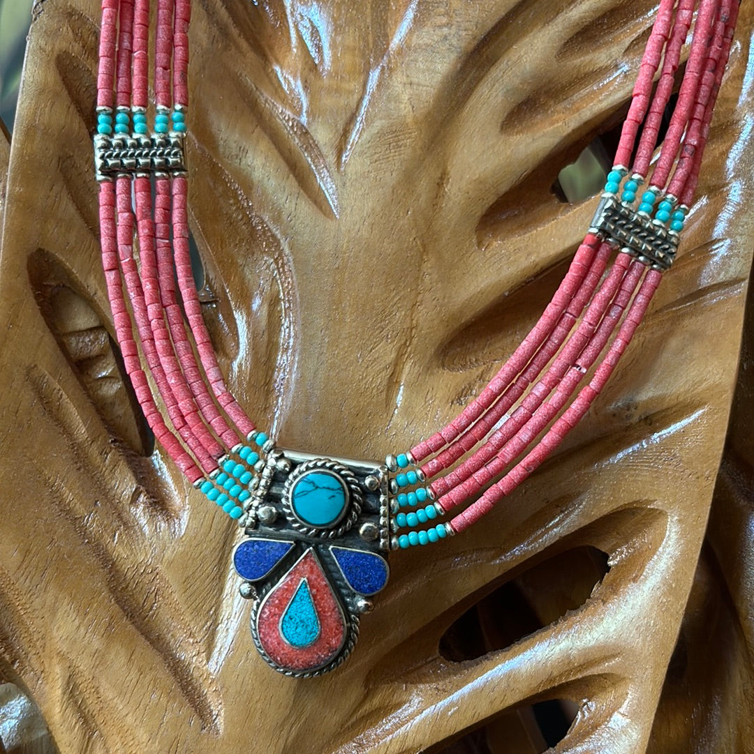 Tibetan Silver Necklace with Coral, Turquoise & Lapis