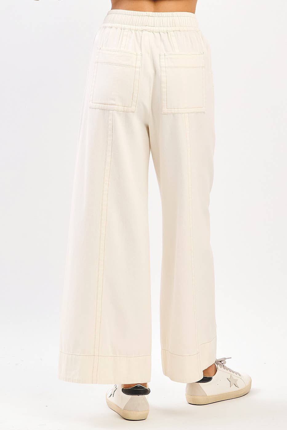 MINERAL WASH WIDE LEG ELASTIC WAIST TWILL PANTS