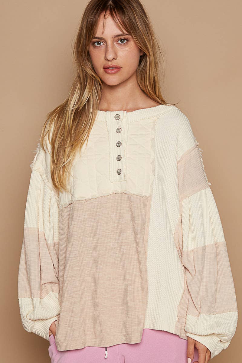 Round neck balloon sleeve thermal contrast knit top