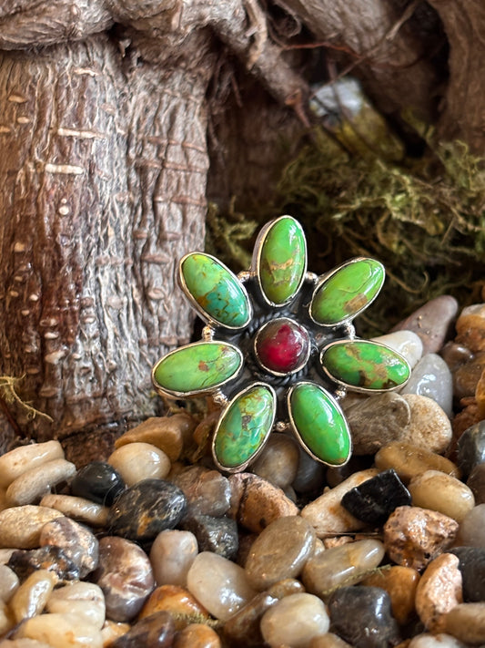 Green Mojave Turquoise & Red Dahlia Ring | Adjustable