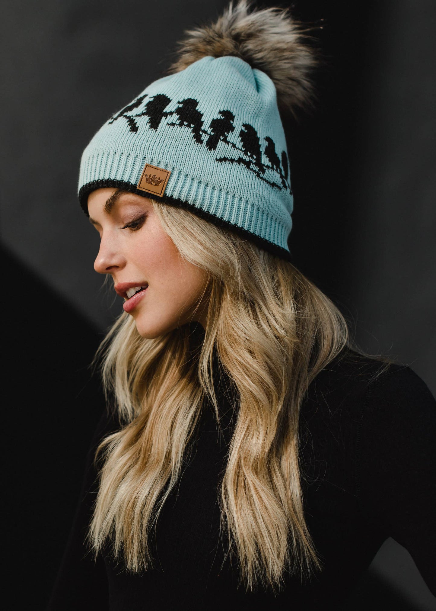 Lt. Blue & Charcoal Bird Pattern Pom Hat