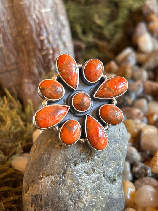 Orange Turquoise Cluster Ring | Adjustable