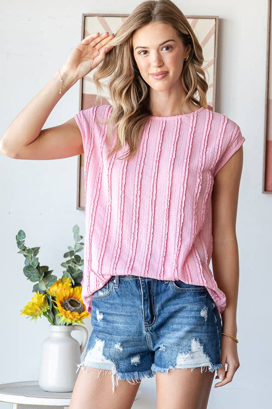 Lightweight Stripe Textured Cap Sleeves Blouse