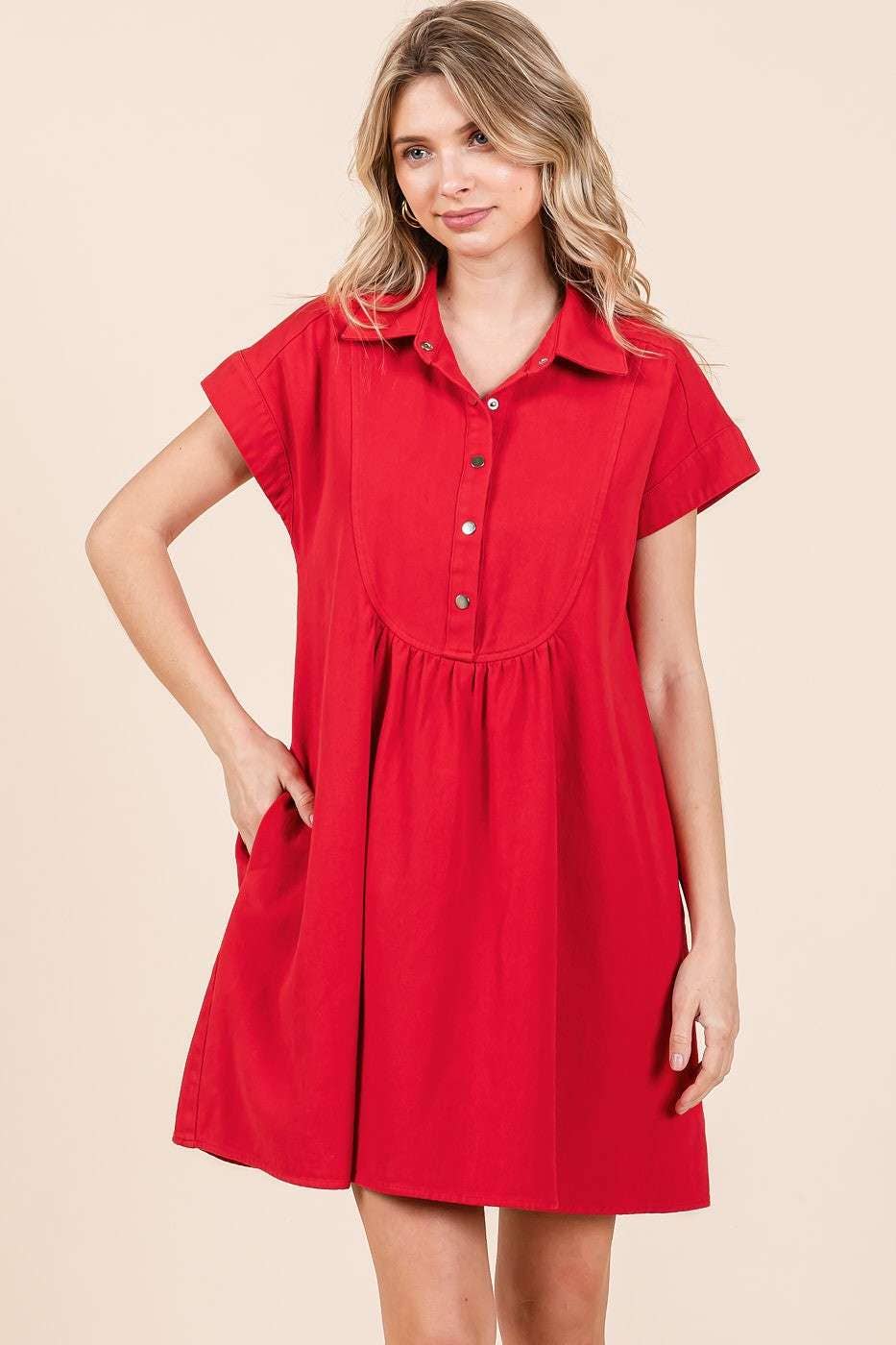 TWILL SHORT SLEEVE COLLARED MINI DRESS