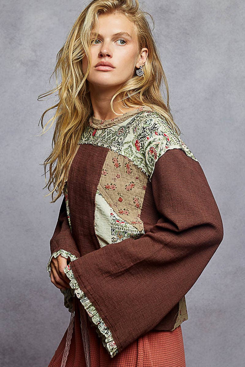 Long sleeve double gauze printed woven contrast top
