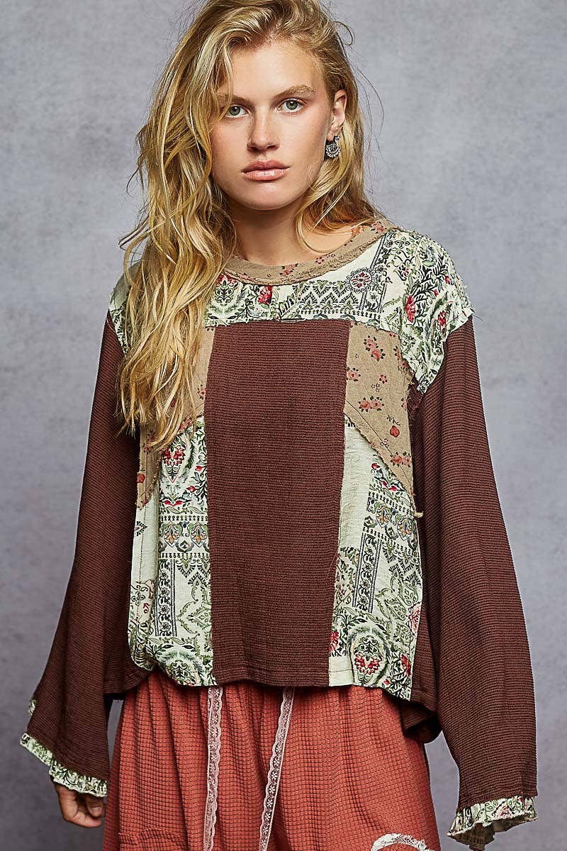 Long sleeve double gauze printed woven contrast top