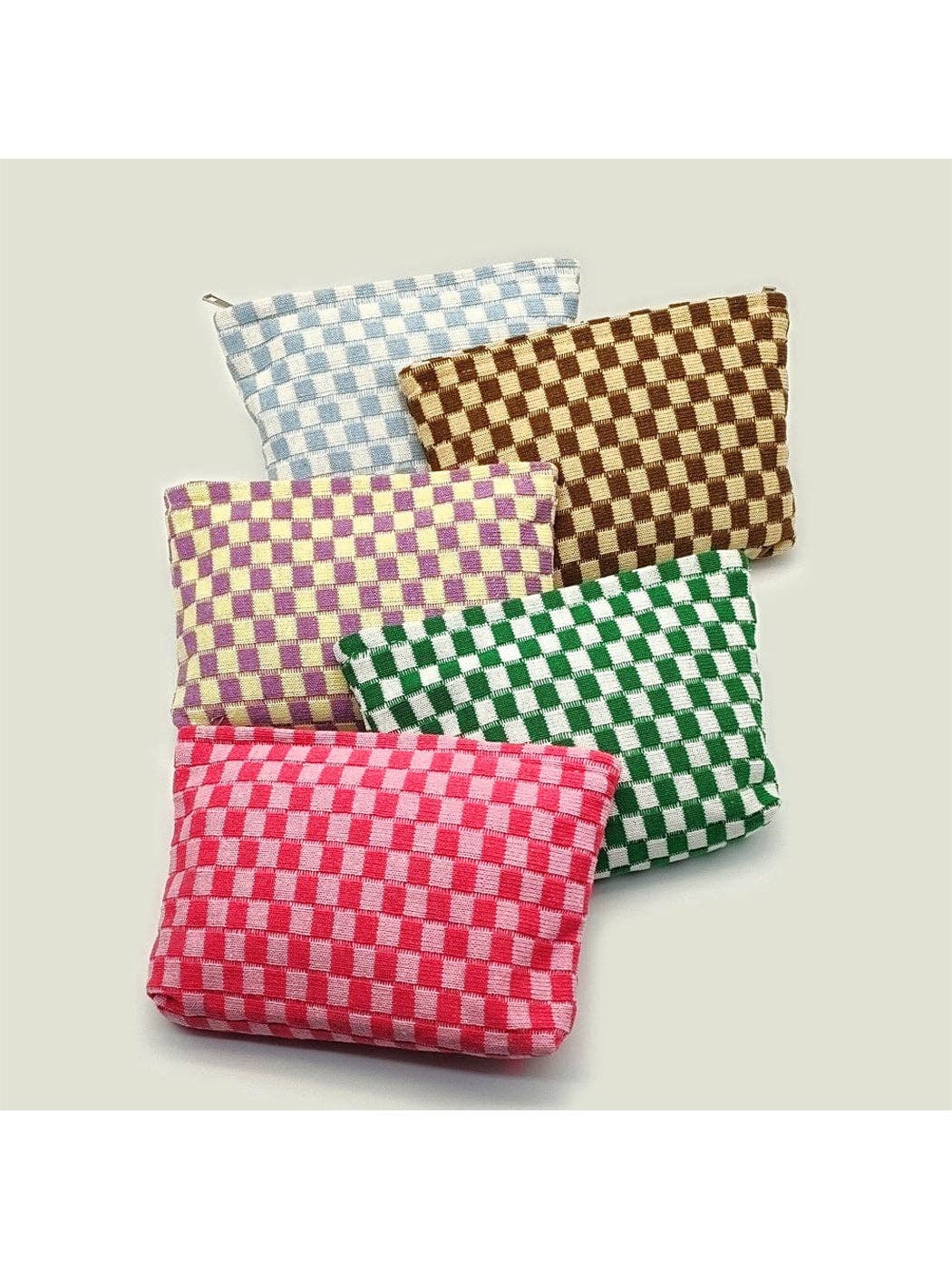 Colorblock Checkered Knit Zip Pouch