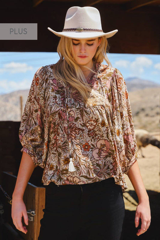 Bohemian Floral Peasant Blouse - Plus