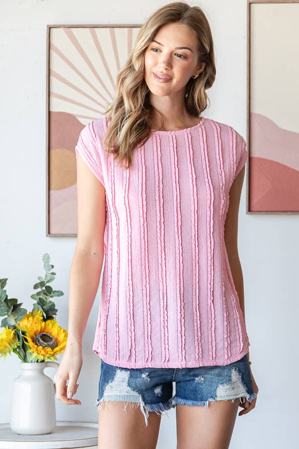 Lightweight Stripe Textured Cap Sleeves Blouse