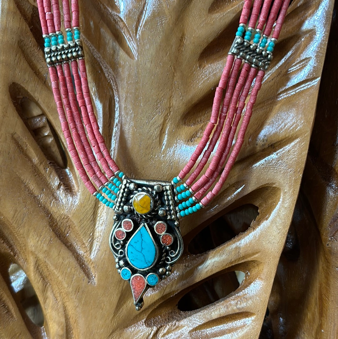 Tibetan Silver Necklace Turquoise & Coral