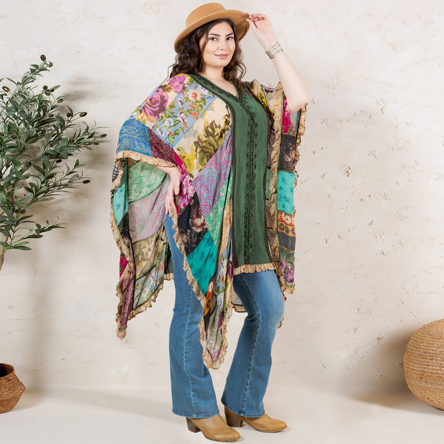 Natural Bohemian Embroidered Colorblocked Shrug