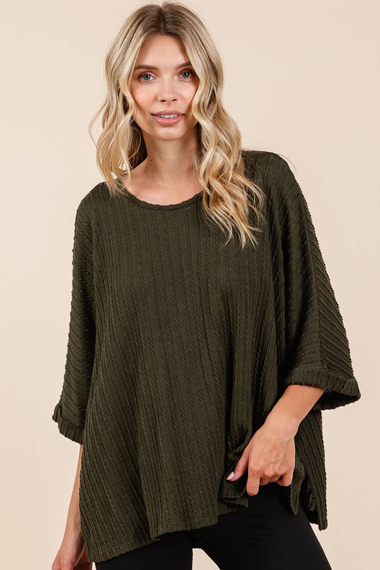TEXTURED KNIT DOLMAN SHORT SLEEVE OVERSIZED TOP