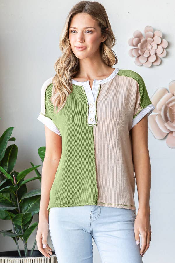 Ribbed Color Block Button Front Hi Low Short Sleeve