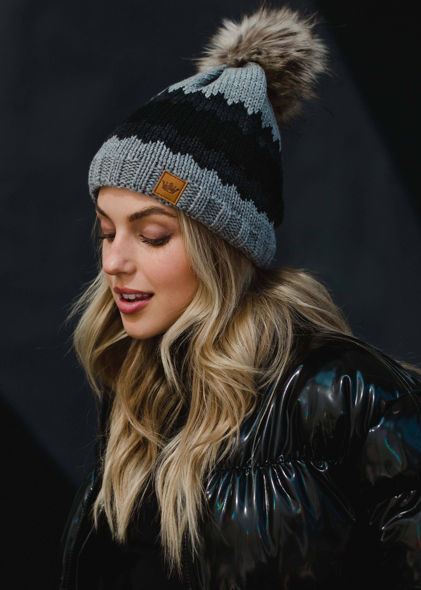 Gray, Charcoal & Black Patterned Pom Hat