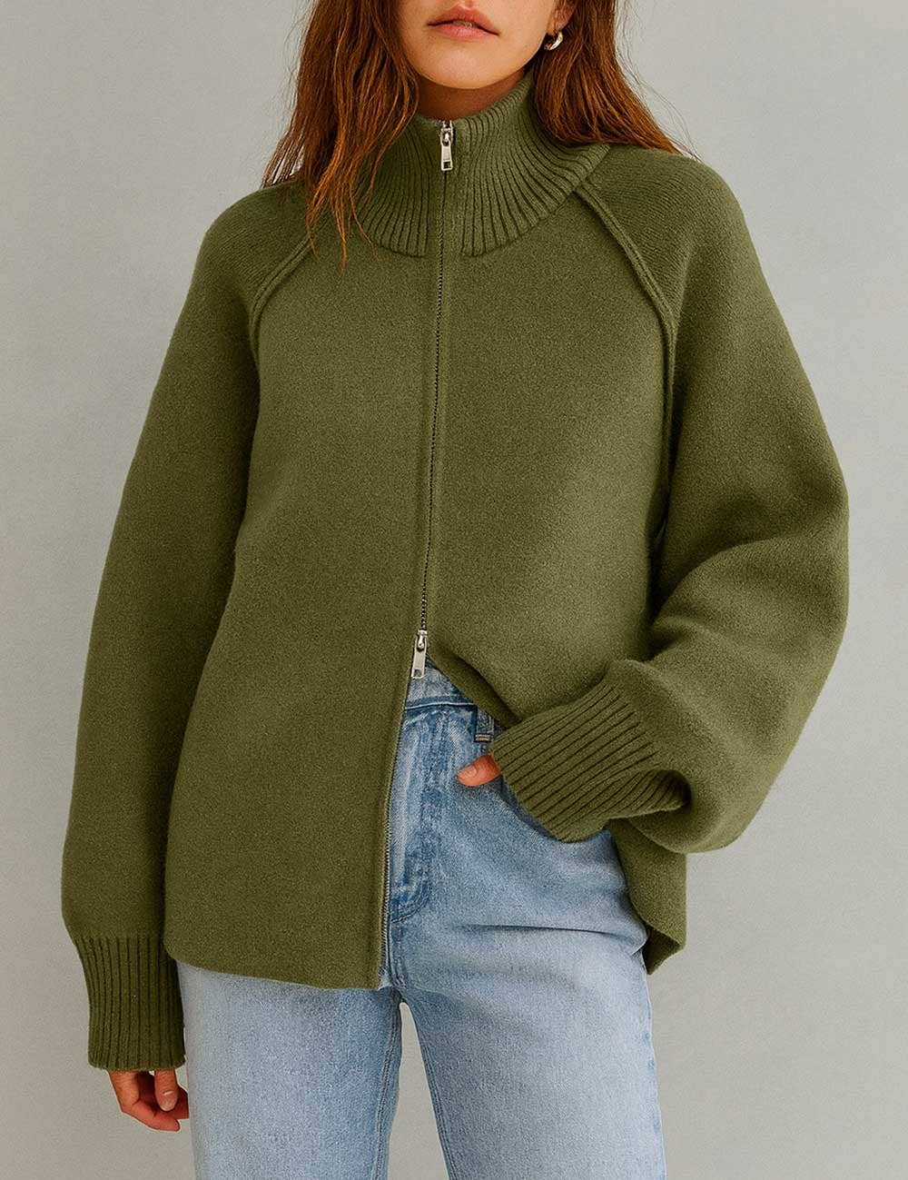 Solid Color High Neck Zip-Up Knit Cardigan