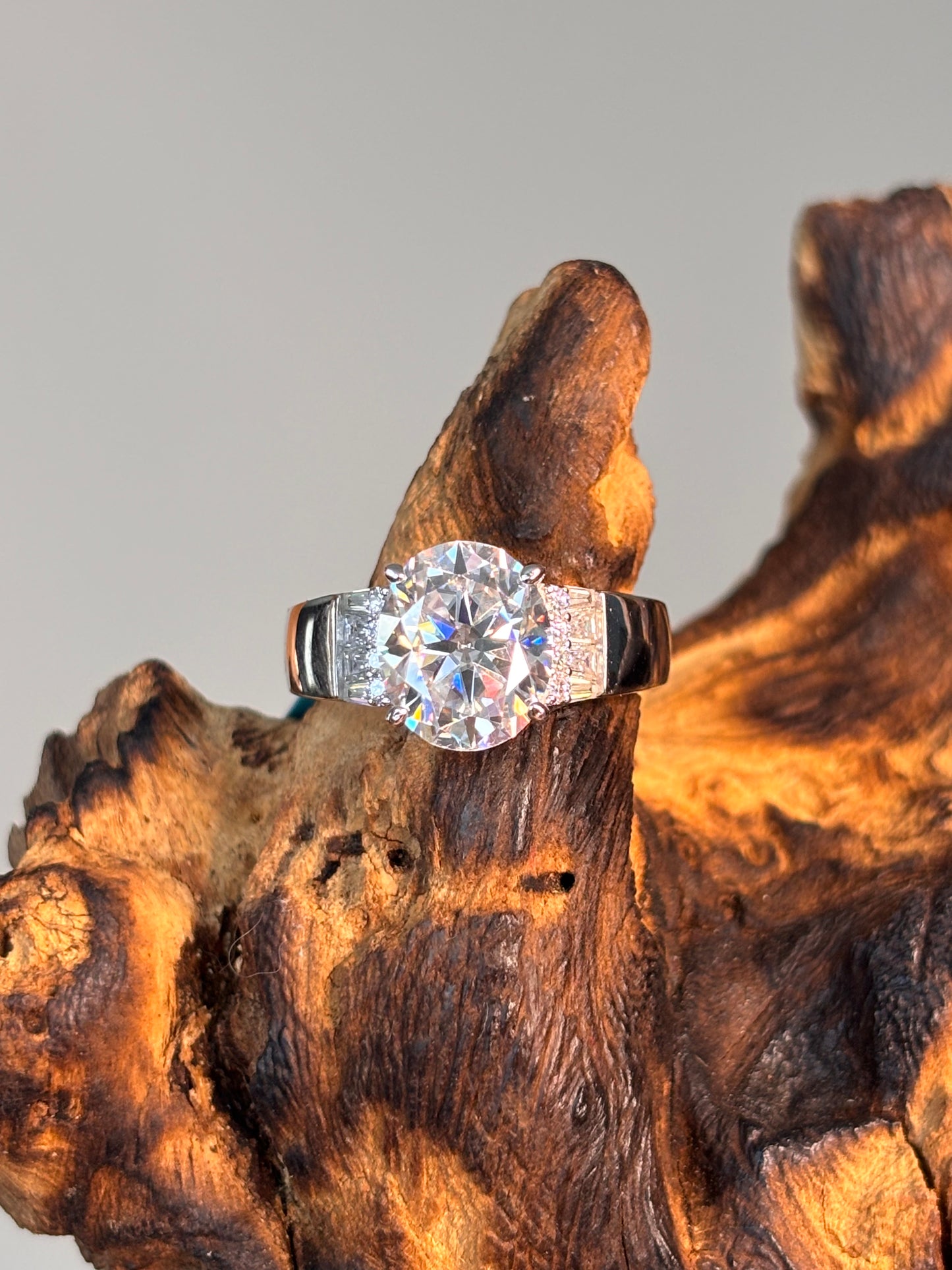 Moissanite Oval Center Wide Band Ring with Baguette & Round Side Stones