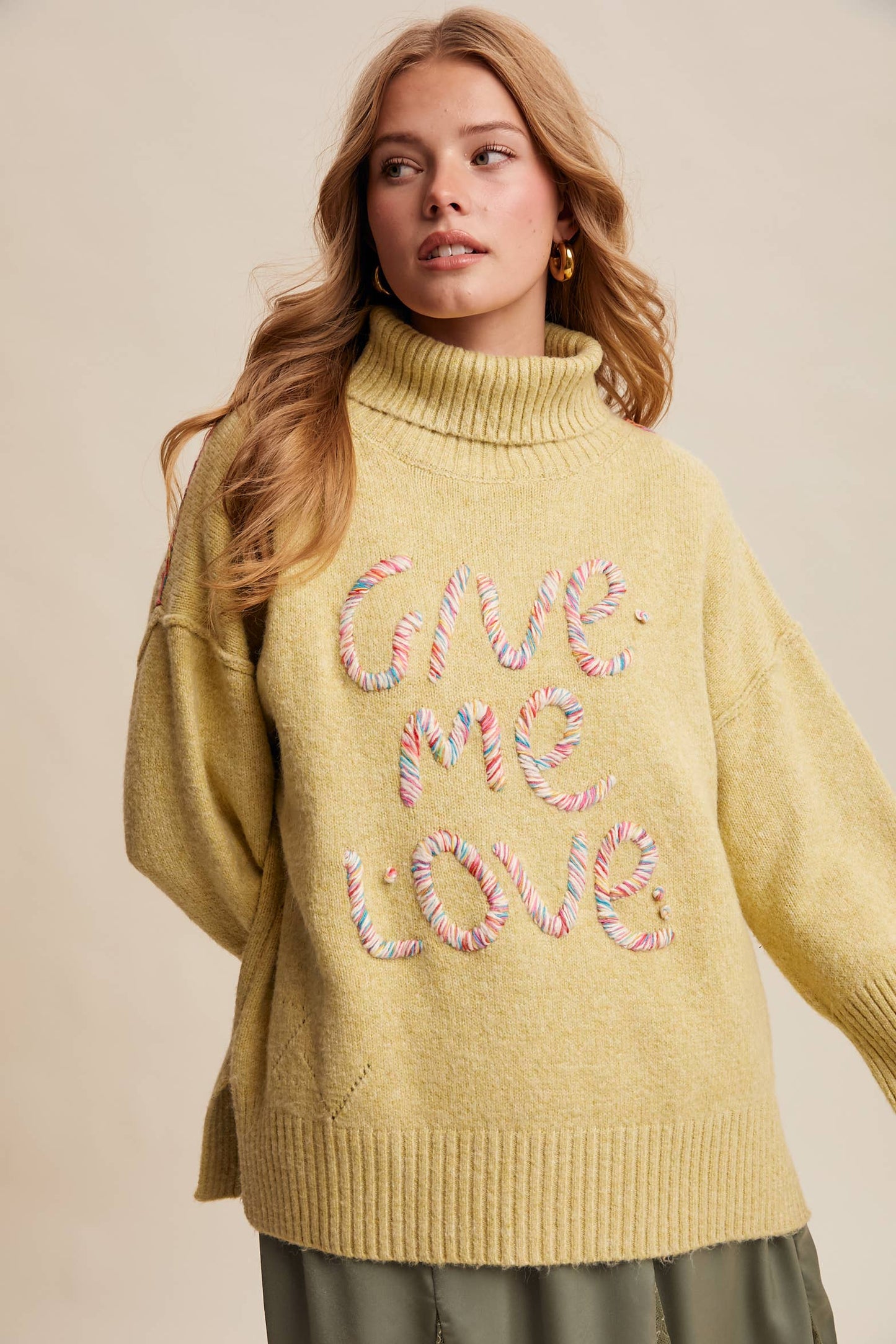 Give Me Love Embroidered Turtleneck Sweater