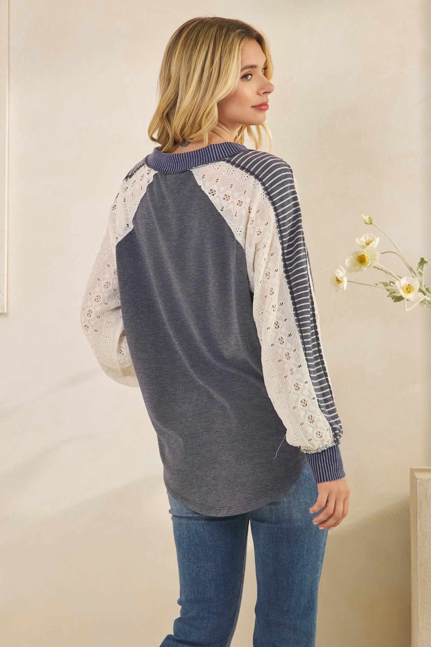 Multi Fabric Contrast V Neck Long Sleeve Top