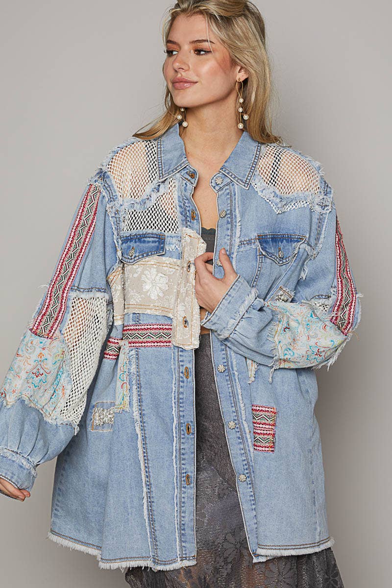 Oversize long sleeve crochet patchworks button down shacket